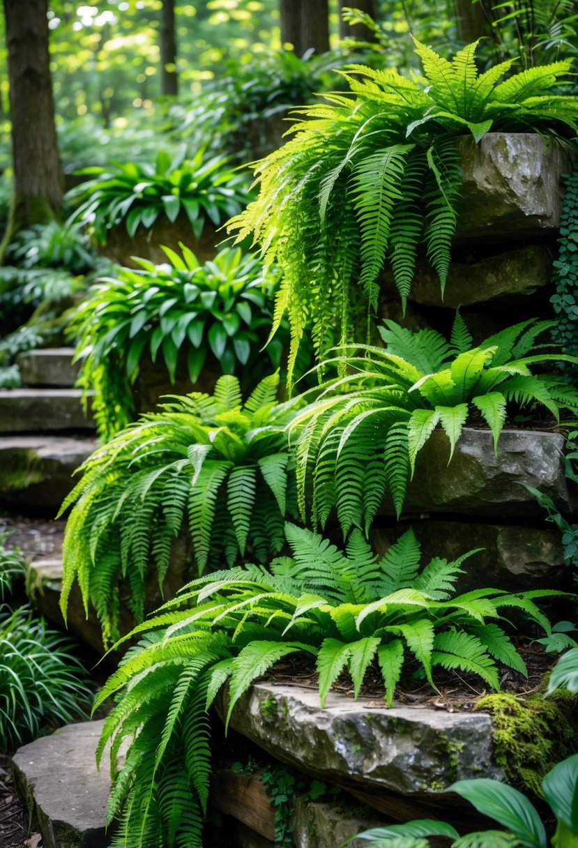 A peaceful forest garden with cascading green ferns flowing down rocks and wooden planters under soft sunlight.