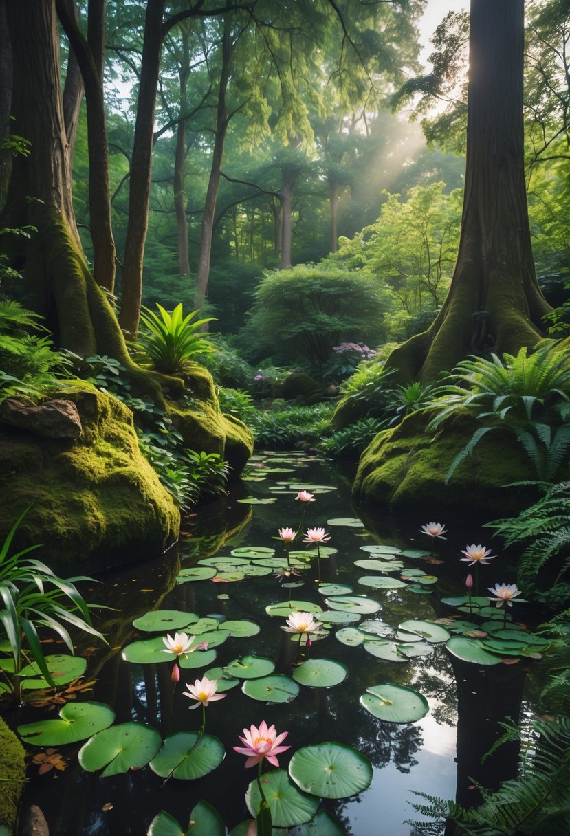 A small pond with lily pads surrounded by green plants and trees in a forest garden.