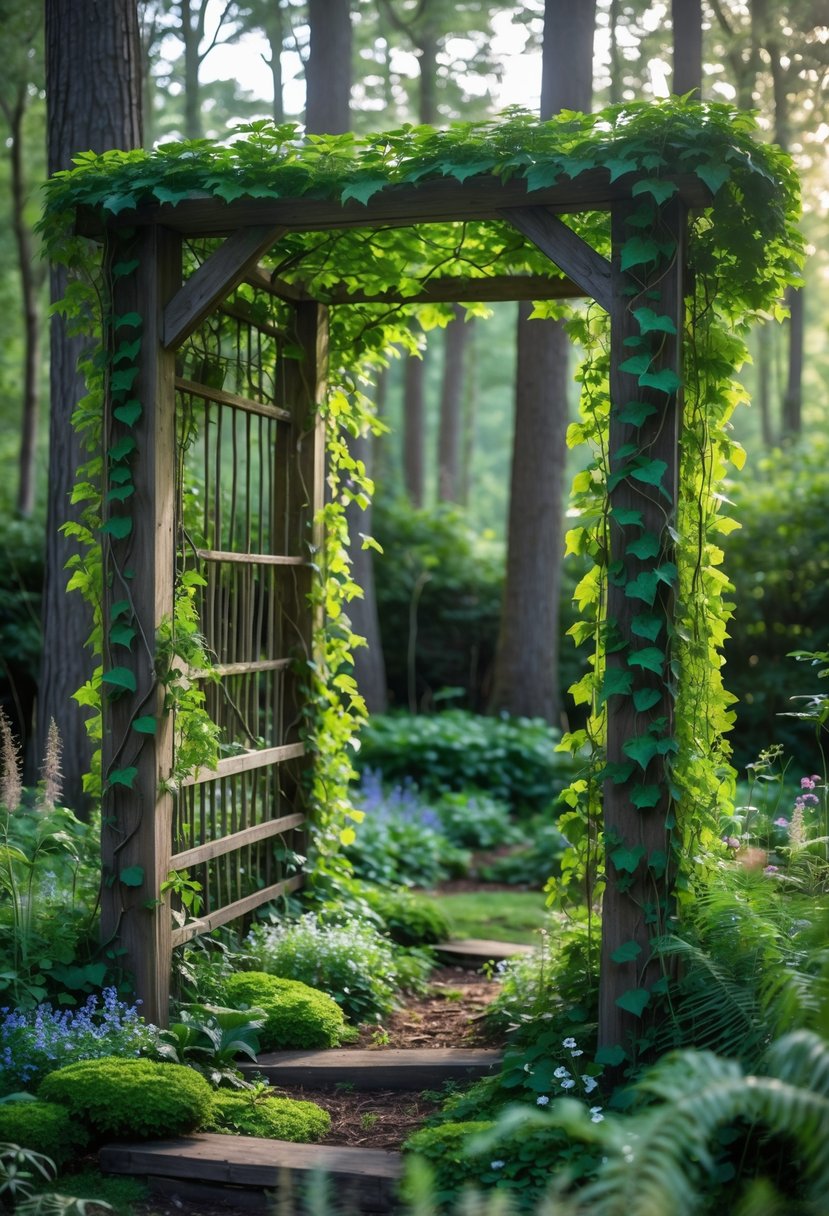 A forest garden with wooden trellises covered in green ivy surrounded by wildflowers and trees.