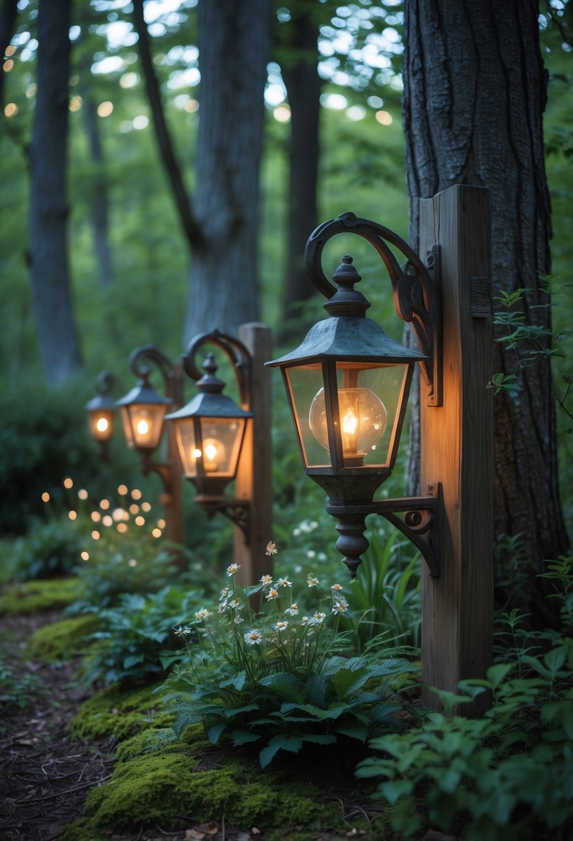 Vintage lanterns glowing softly on wooden posts in a forest garden surrounded by trees and plants.