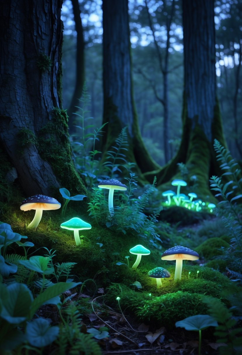 A glowing mushroom garden in an enchanted forest with bioluminescent mushrooms lighting up the mossy forest floor among trees and plants.