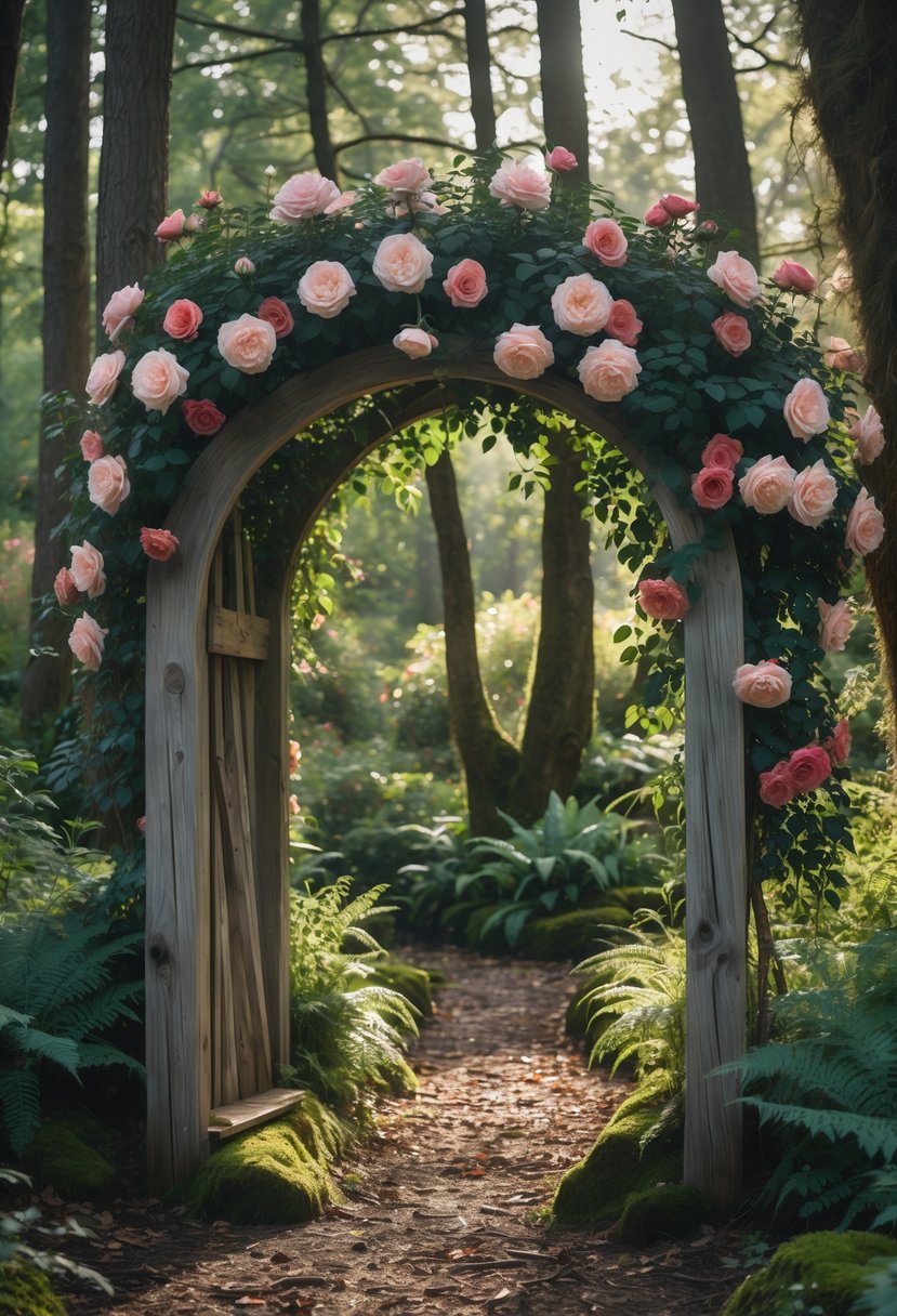 A rustic wooden arch covered with climbing roses in a forest garden surrounded by greenery and sunlight.