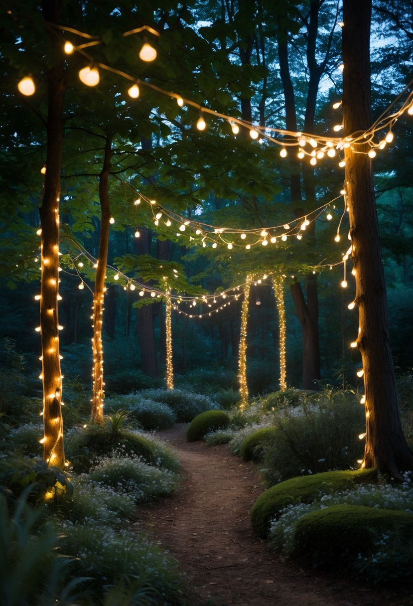 A forest garden with string lights woven through tree branches, creating a warm and magical glow among green leaves.