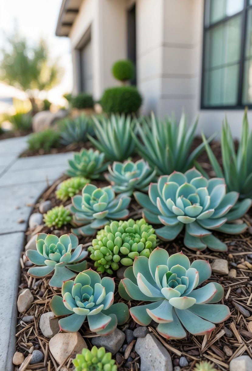 A small front garden with clusters of hens and chicks succulents and other drought-tolerant plants near a modern house entrance.