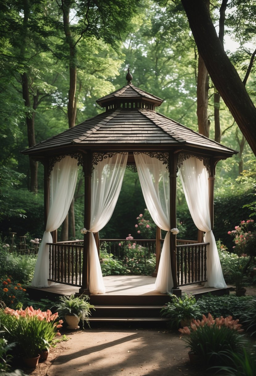 A gazebo with sheer white curtains surrounded by trees and flowering plants in a forest garden.
