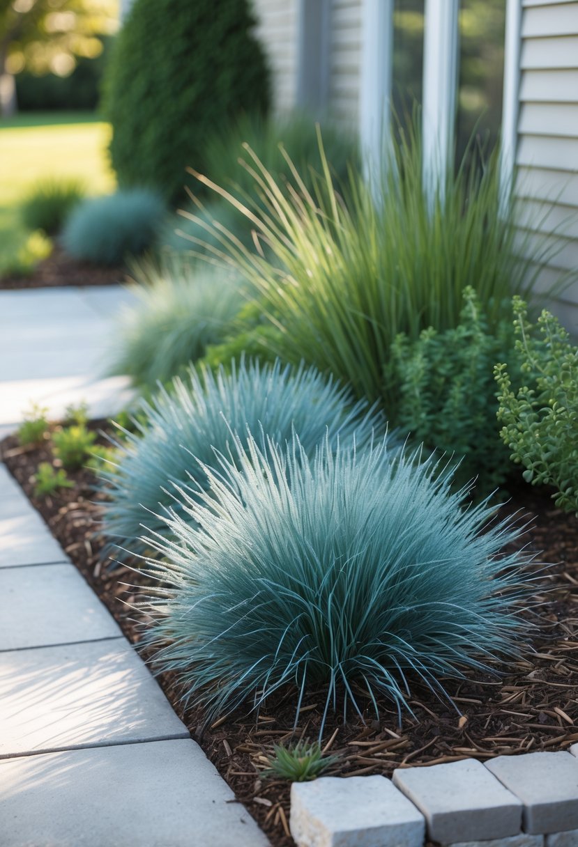 A small front garden with blue fescue ornamental grasses and other plants bordered by stone edging in front of a modern house.