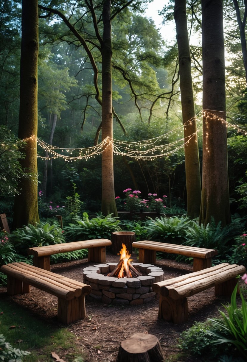 A rustic seating area with log benches arranged around a stone fire pit in a forest garden surrounded by trees and plants.