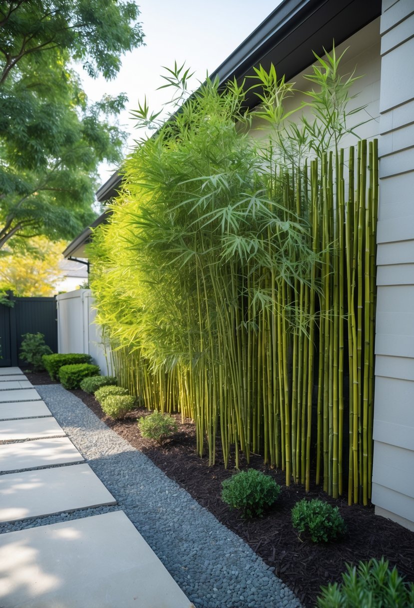 A small front garden with tall ornamental bamboo privacy screens and low-maintenance plants.
