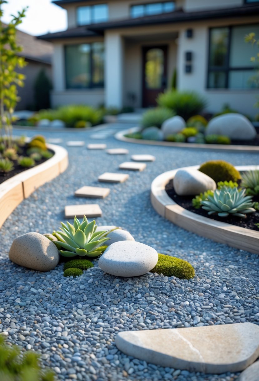 A small front garden with neatly raked gravel, natural stones, and green plants arranged in a peaceful layout.