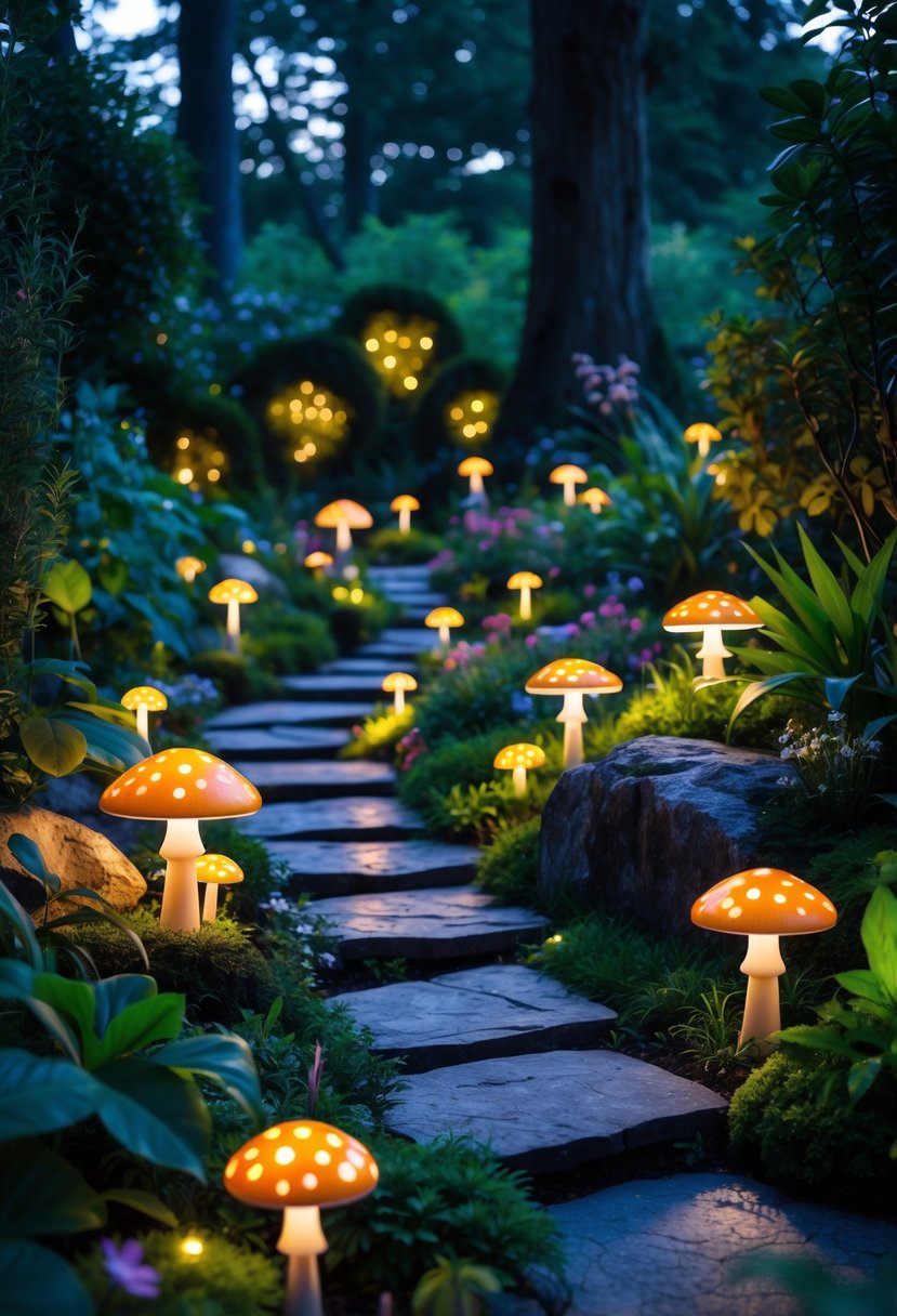 A garden with mushroom-shaped solar lights glowing among plants and trees at twilight.