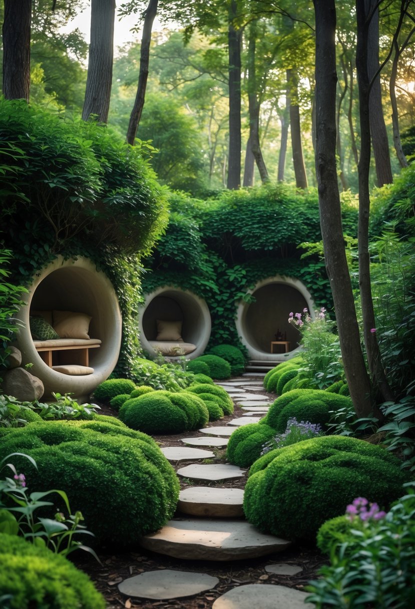 A peaceful forest garden with hidden shrub nooks and secluded seating areas surrounded by trees and greenery.