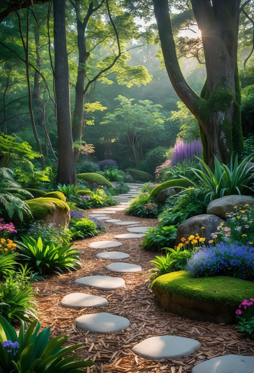 Winding forest paths made of wood chips and stones surrounded by green plants, flowers, and tall trees with sunlight filtering through.