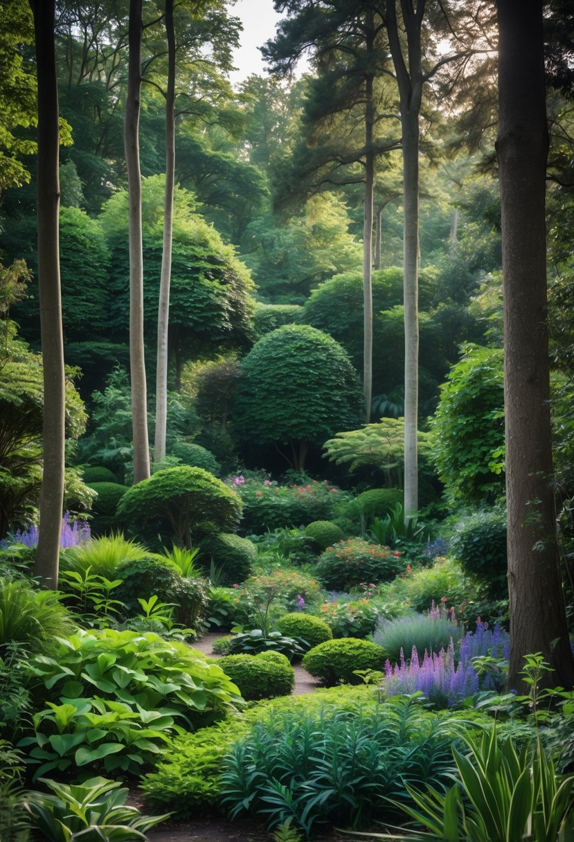 A layered forest garden with tall trees, shrubs, and flowering plants under soft sunlight.