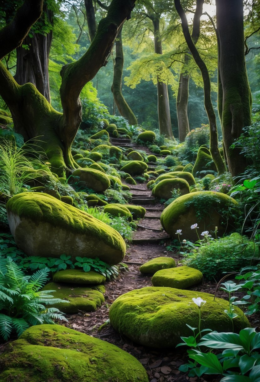 A forest garden with moss-covered stones, green plants, and sunlight filtering through trees.