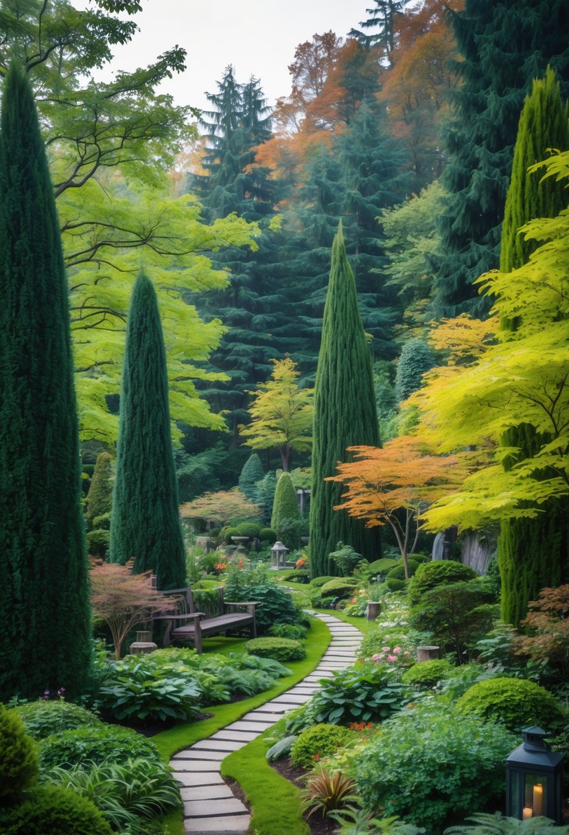 A lush garden with a mix of evergreen and deciduous trees, colorful leaves, green plants, and a forest background.