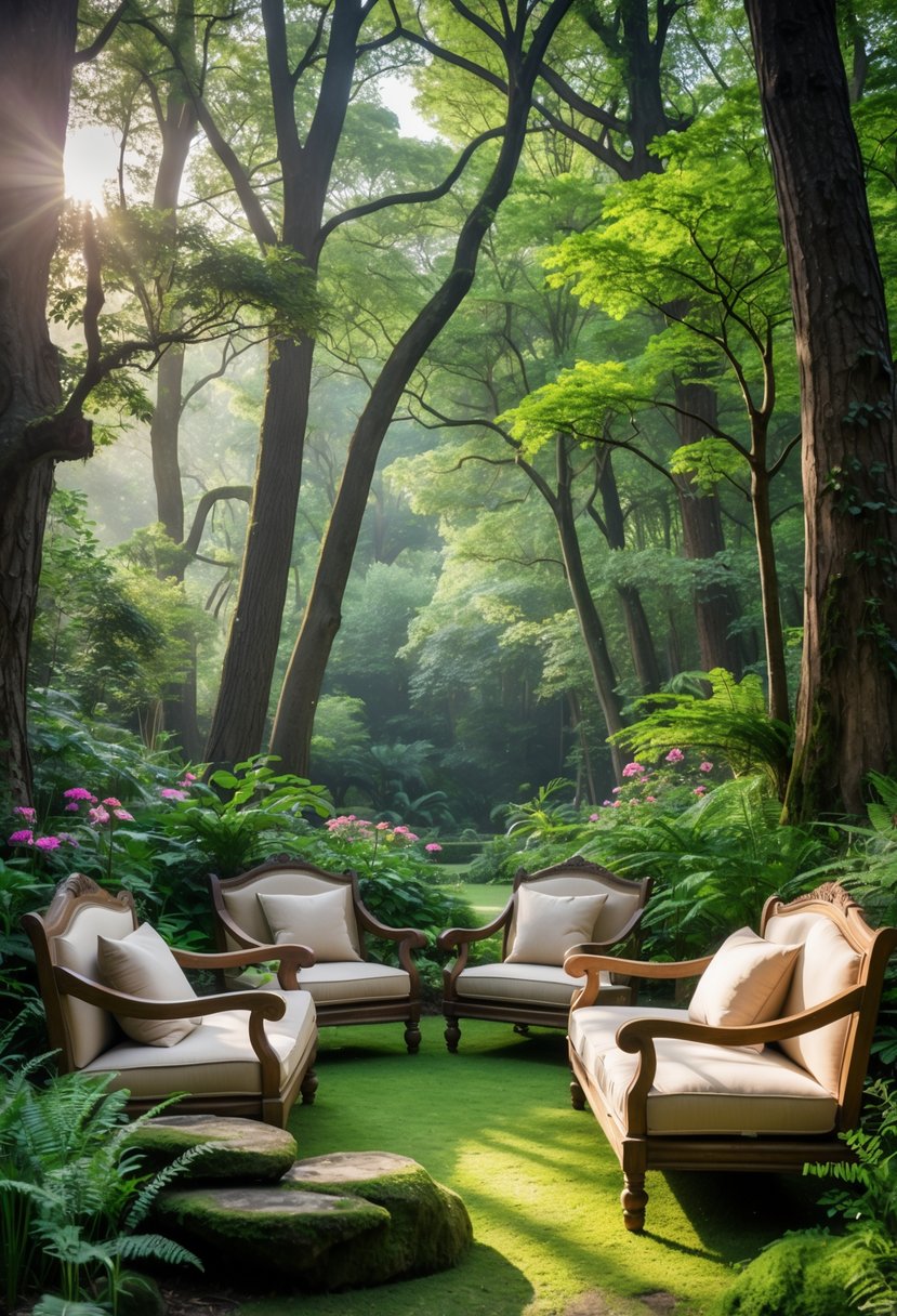 Wooden benches with soft cushions placed in a lush, green forest garden surrounded by trees, flowers, and plants.