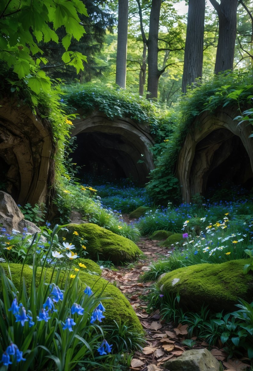 A shaded forest garden nook with delicate wildflowers scattered on the forest floor among green plants and trees.