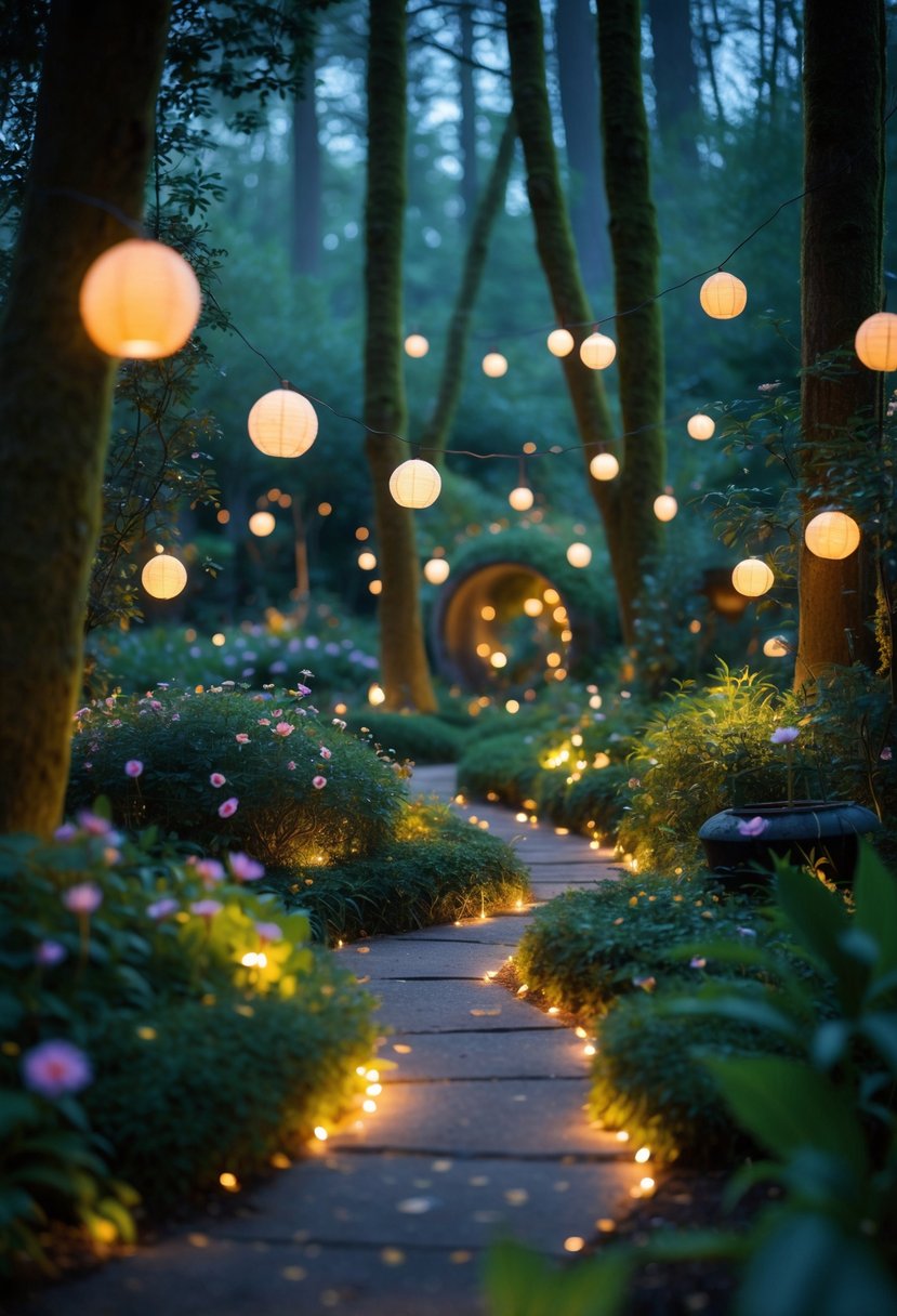A glowing enchanted forest garden with soft lights hanging from trees, surrounded by lush plants and flowers.