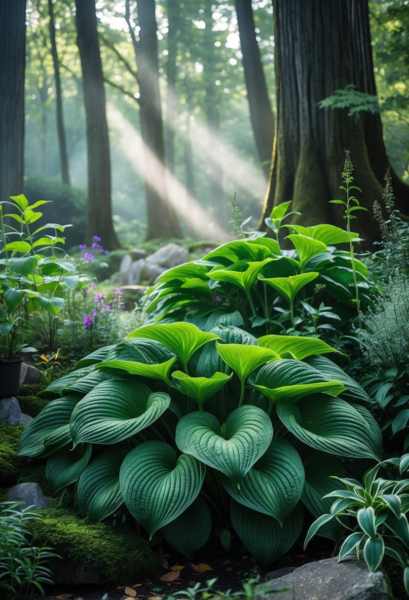 A dense garden scene with large green hosta plants surrounded by trees, wildflowers, and moss-covered rocks.