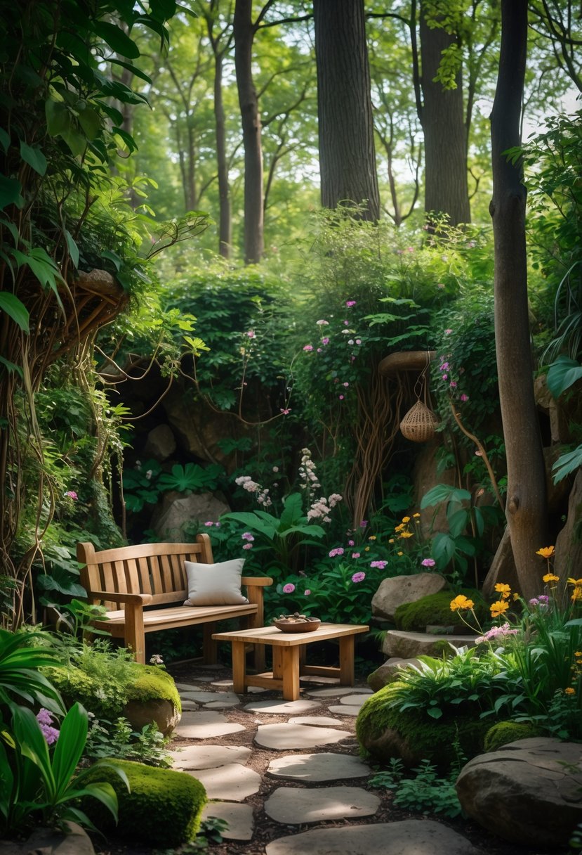 Cozy seating area with natural wood furniture surrounded by lush plants and flowers in a forest garden.