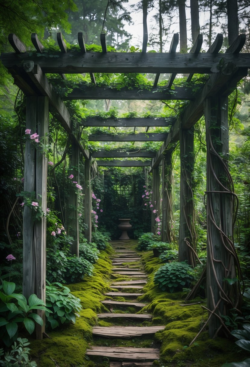 A lush forest garden with weathered wooden pergolas and trellises covered in vines and flowers under a canopy of tall trees.