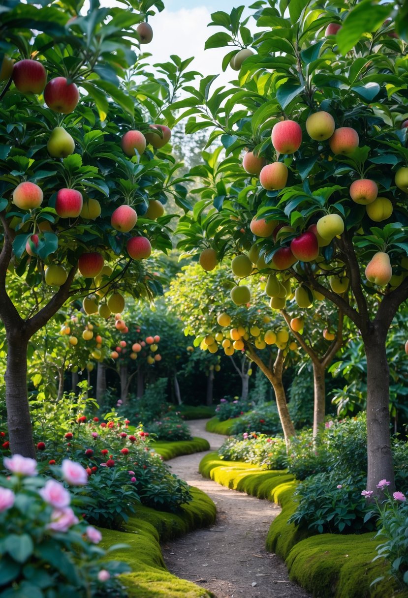 A vibrant forest garden with fruit trees bearing ripe fruits, surrounded by flowers and greenery, with sunlight filtering through the trees.