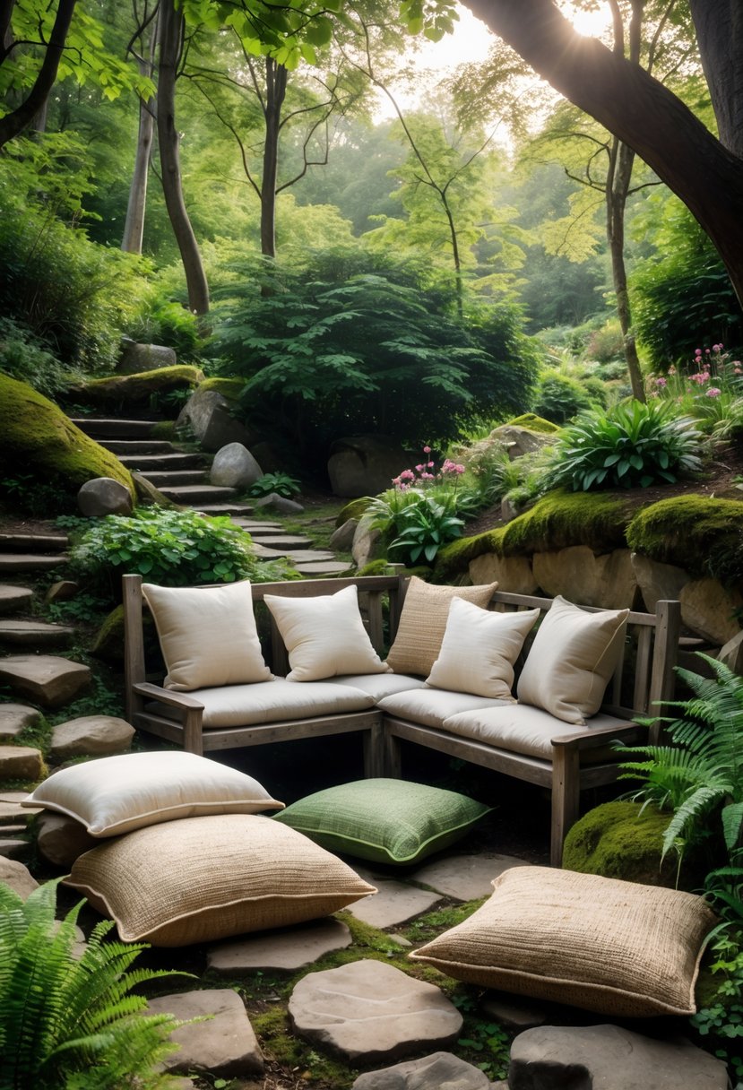 Outdoor garden seating area with natural fabric cushions surrounded by green trees and flowering plants.