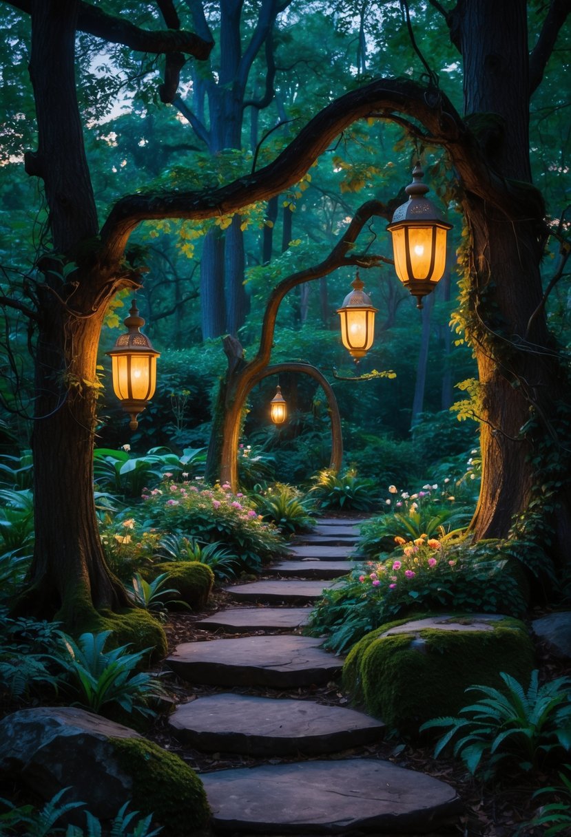 A garden pathway in a forest lit by glowing antique lanterns surrounded by trees, plants, and flowers.