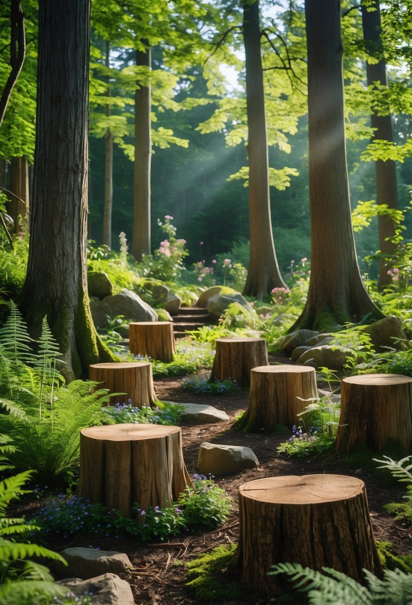Tree stumps arranged as rustic stools in a lush forest garden surrounded by greenery and wildflowers.