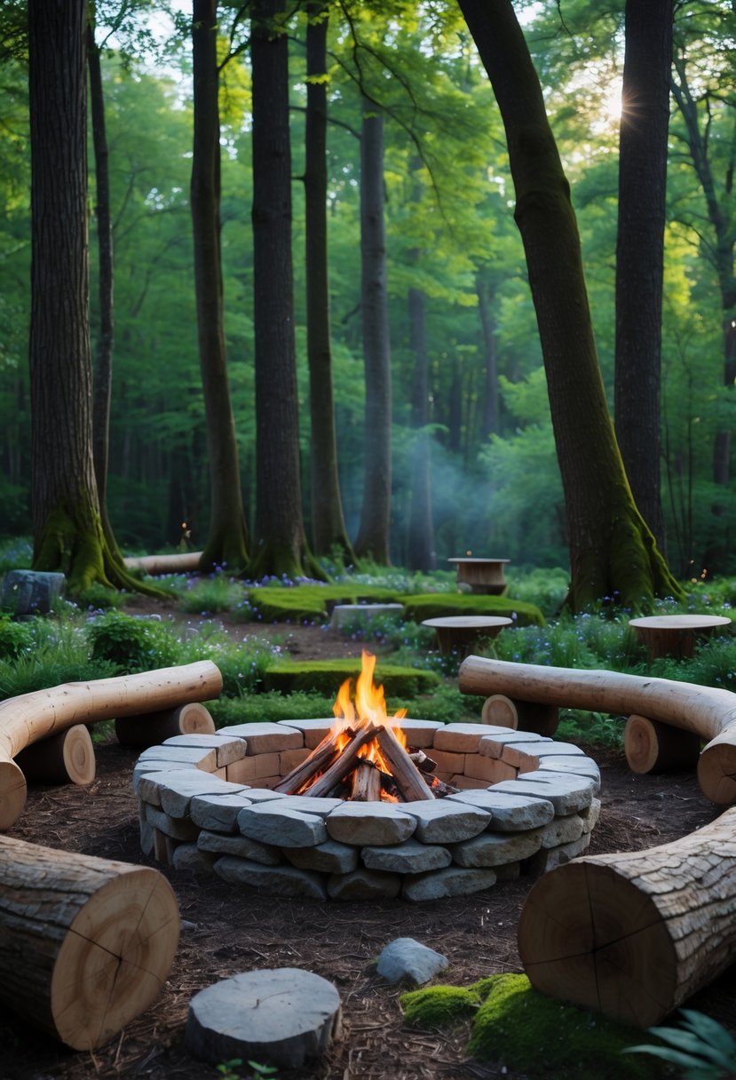 A stone fire pit surrounded by logs in a lush forest garden with tall trees and greenery.