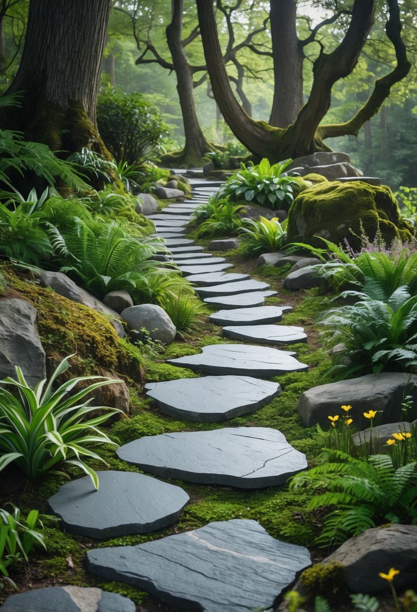 A winding path of uniquely shaped slate stepping stones surrounded by lush greenery and tall trees in a forest garden.