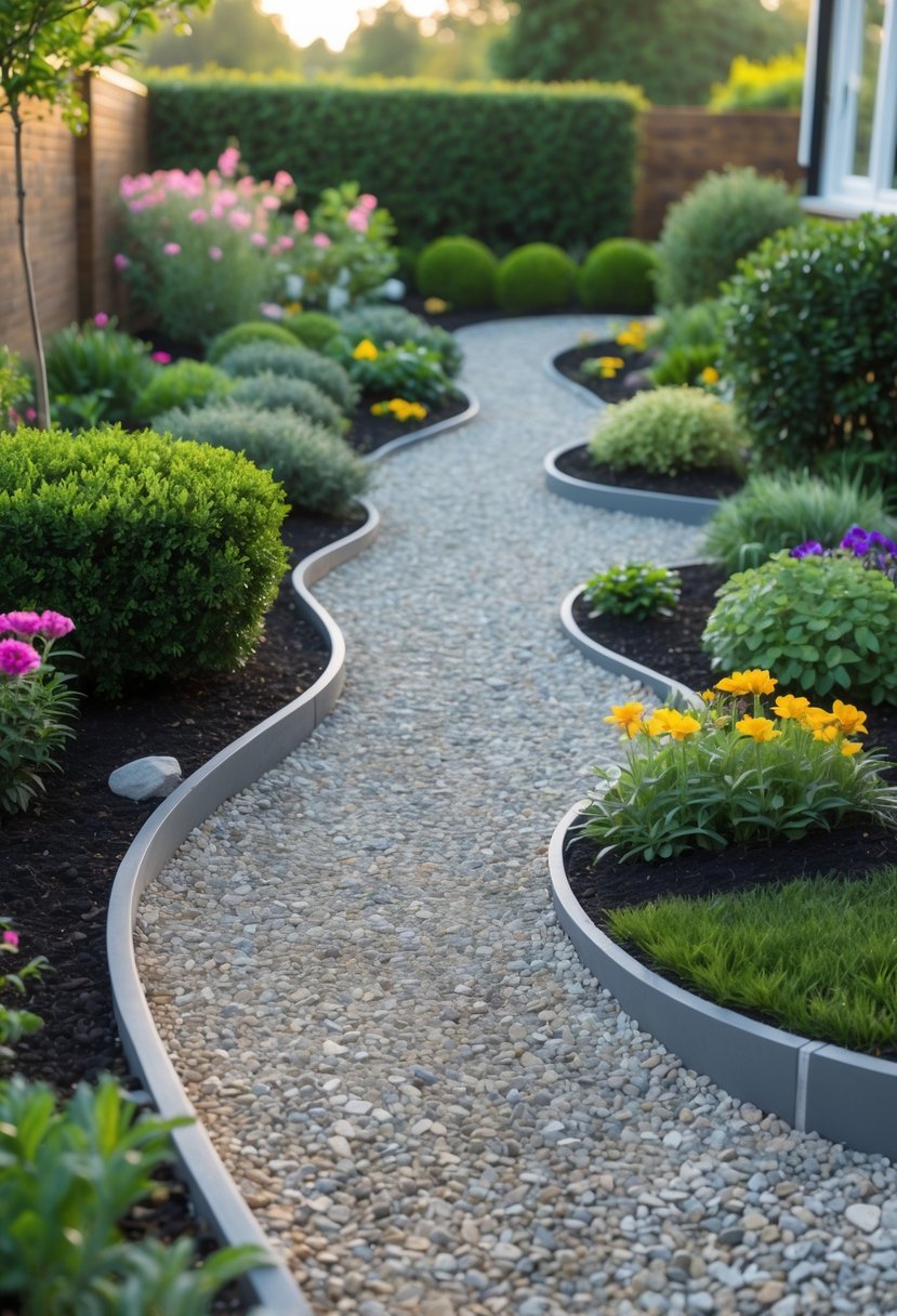 Small front garden with a gravel pathway surrounded by green shrubs and colorful flowers.