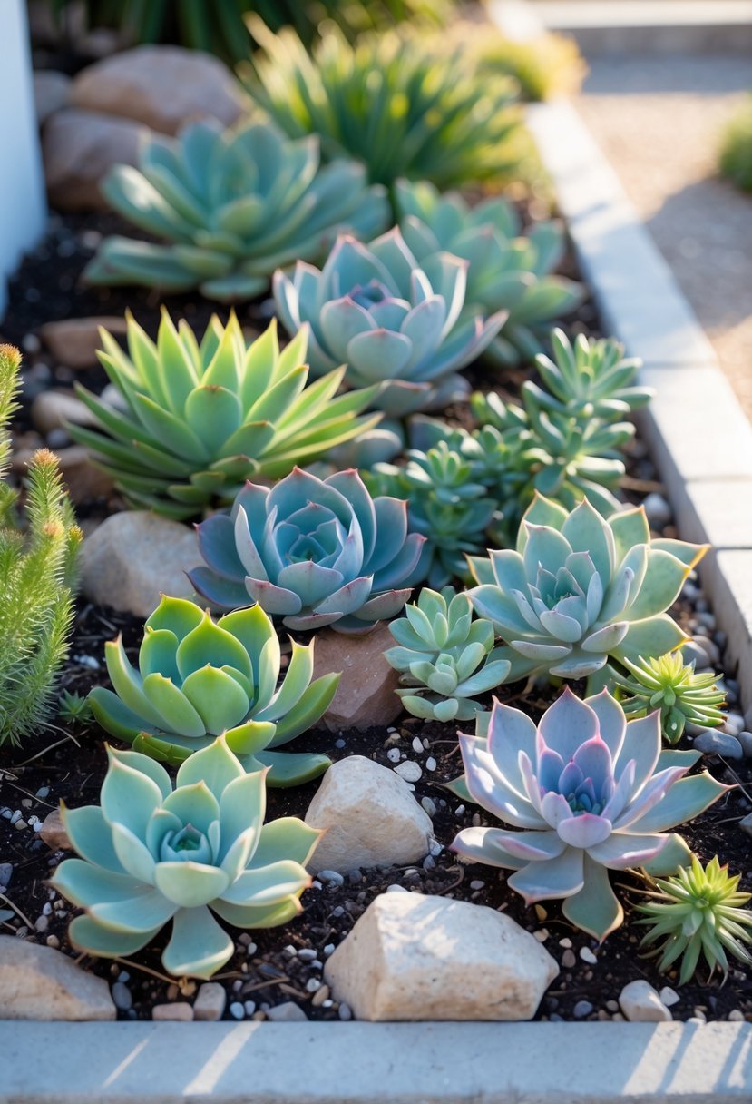 A small front garden with various drought-resistant succulents arranged neatly with decorative rocks and a simple pathway in the background.