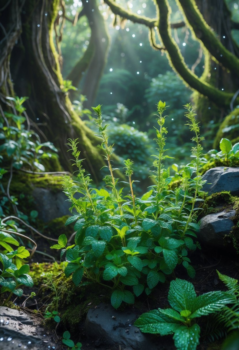 A forest garden with wild thyme and mint plants growing among mossy rocks and trees under soft sunlight.
