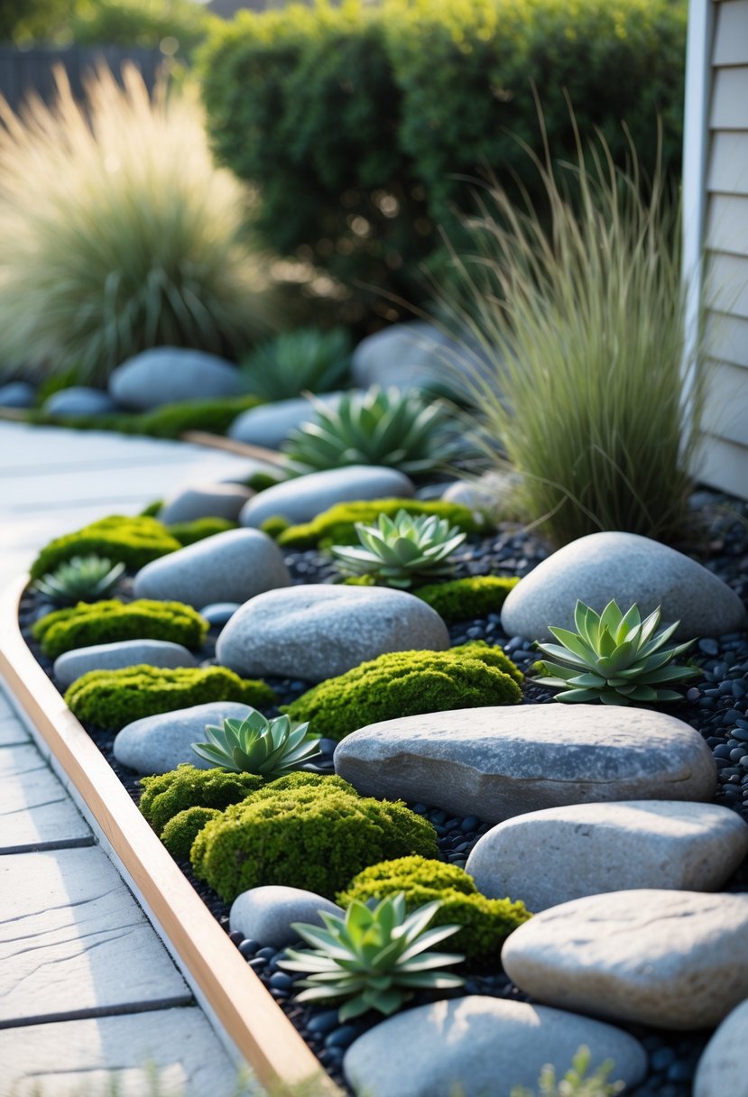 A small front garden with neatly arranged river rocks, green moss, small succulents, a stone pathway, and a shrub in the background.