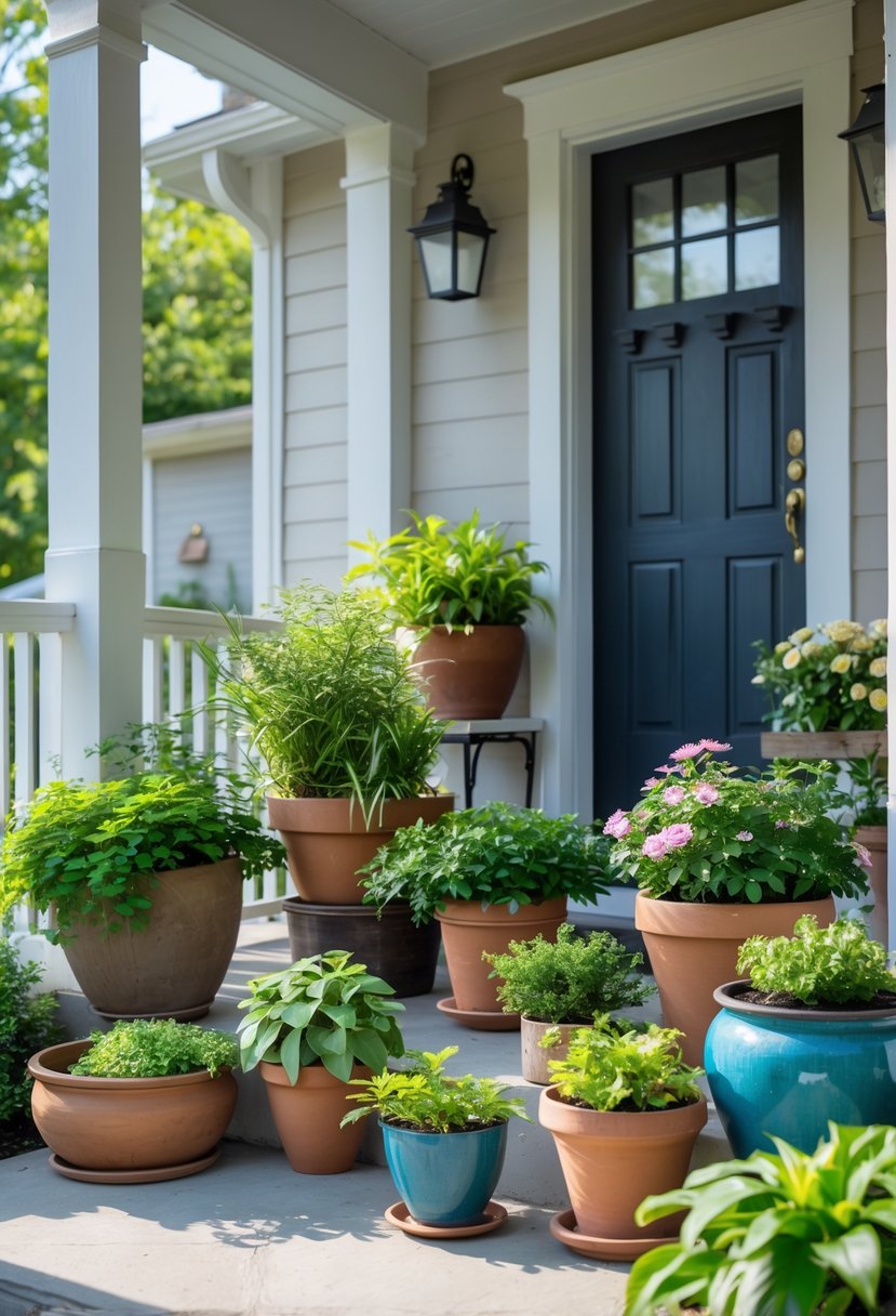 A small front porch with various container plants arranged around the entrance, including leafy green plants and flowers in pots.