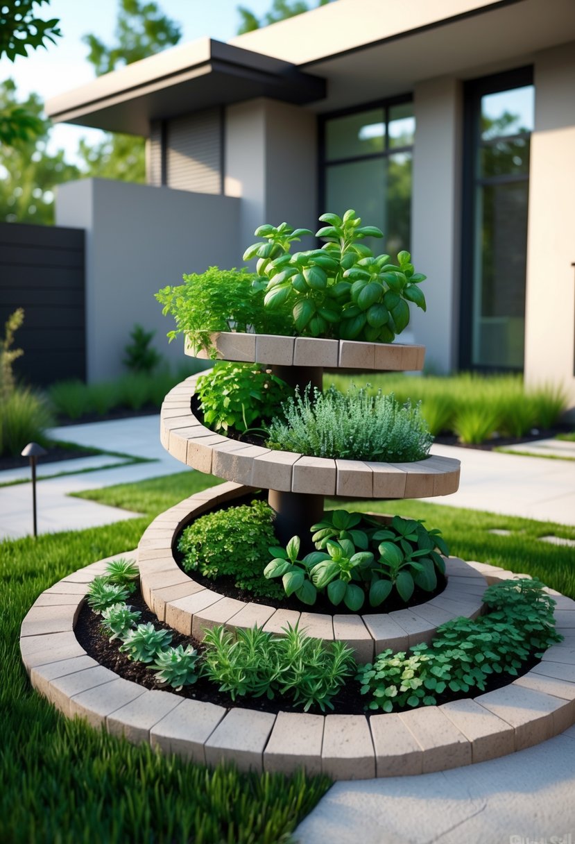 A small spiral herb garden with various green herbs growing in a modern front yard in front of a house.
