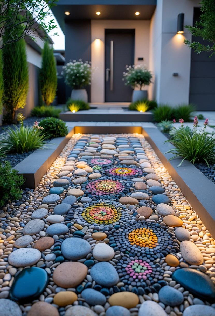 A small front garden with colorful pebble mosaic pathways, green plants, and a modern house entrance.