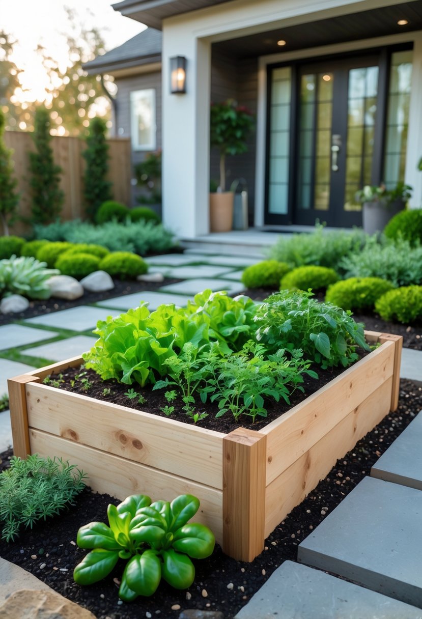 Small raised vegetable bed near the entrance of a house surrounded by a neat front garden with plants and stone pathways.