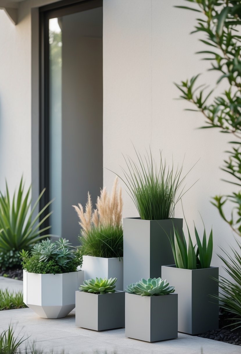 A small front garden with various geometric-shaped planters holding green plants arranged on a clean surface.