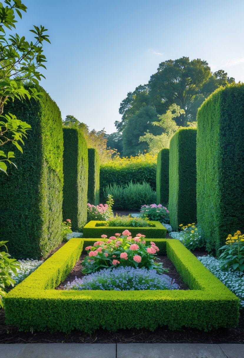 Small front garden with symmetrical boxwood hedges framing colorful flower beds.