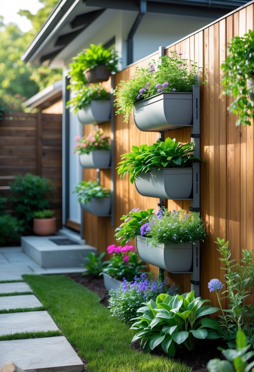 Small front garden with vertical planters filled with green plants and flowers on a wooden fence next to a stone pathway and grass.