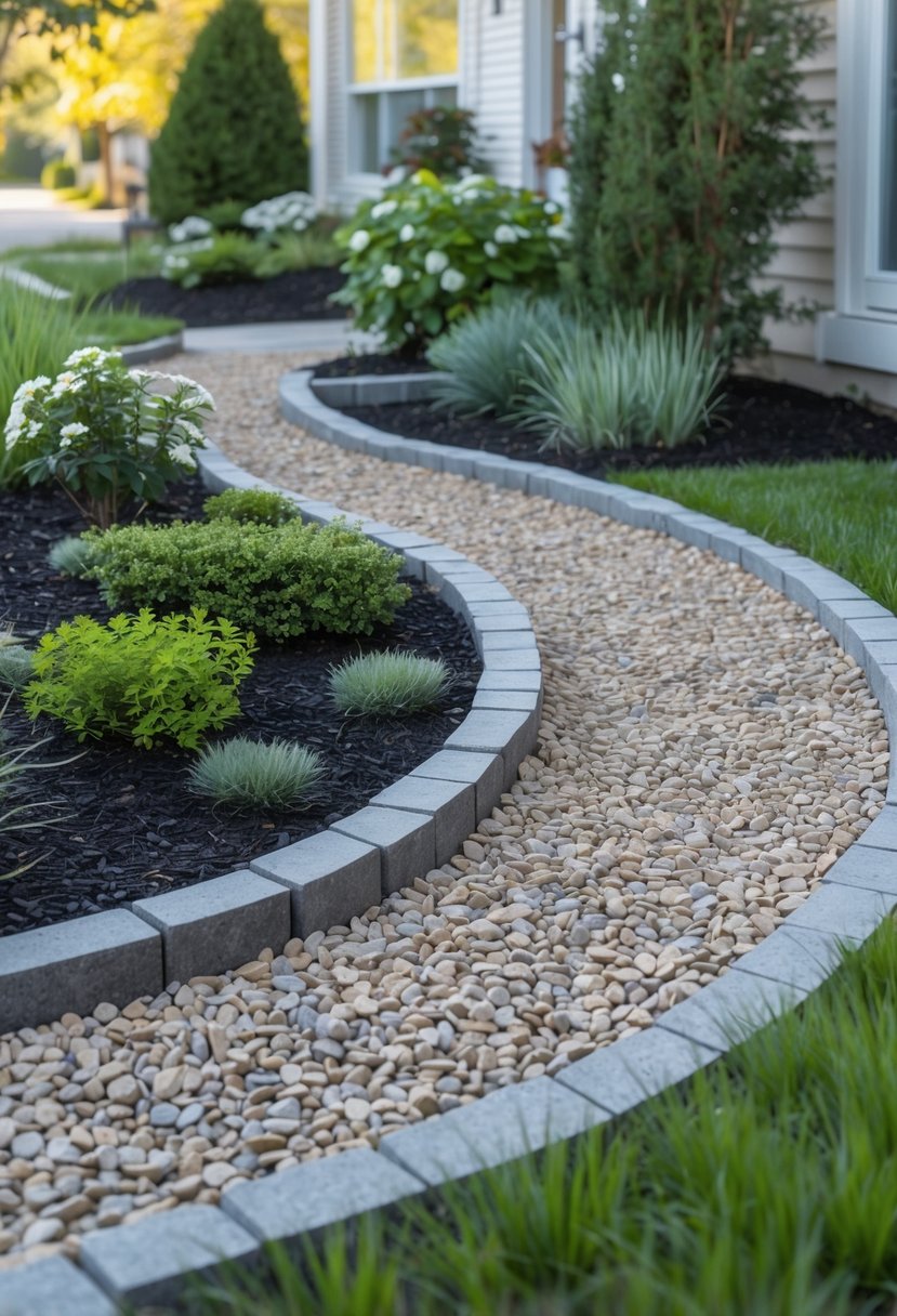 A small front garden with a curved gravel pathway surrounded by plants and shrubs.