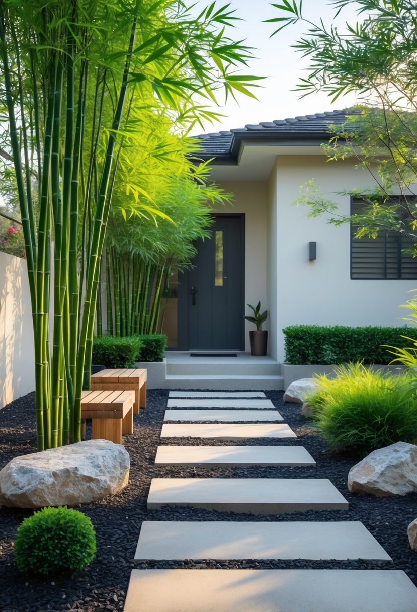 Small front garden with green bamboo plants, stone pathway, and a wooden bench in front of a modest house.