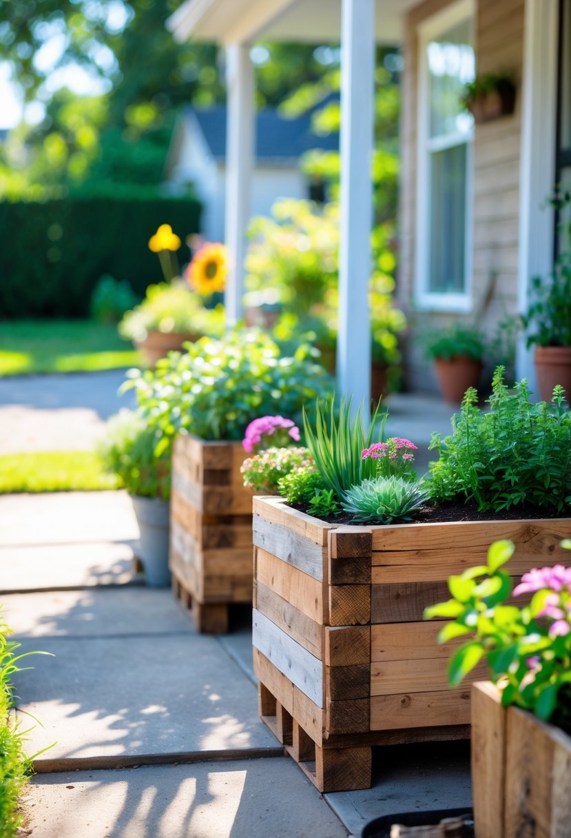 Small front garden with wooden planters made from reclaimed wood filled with green plants and flowers near a house entrance.