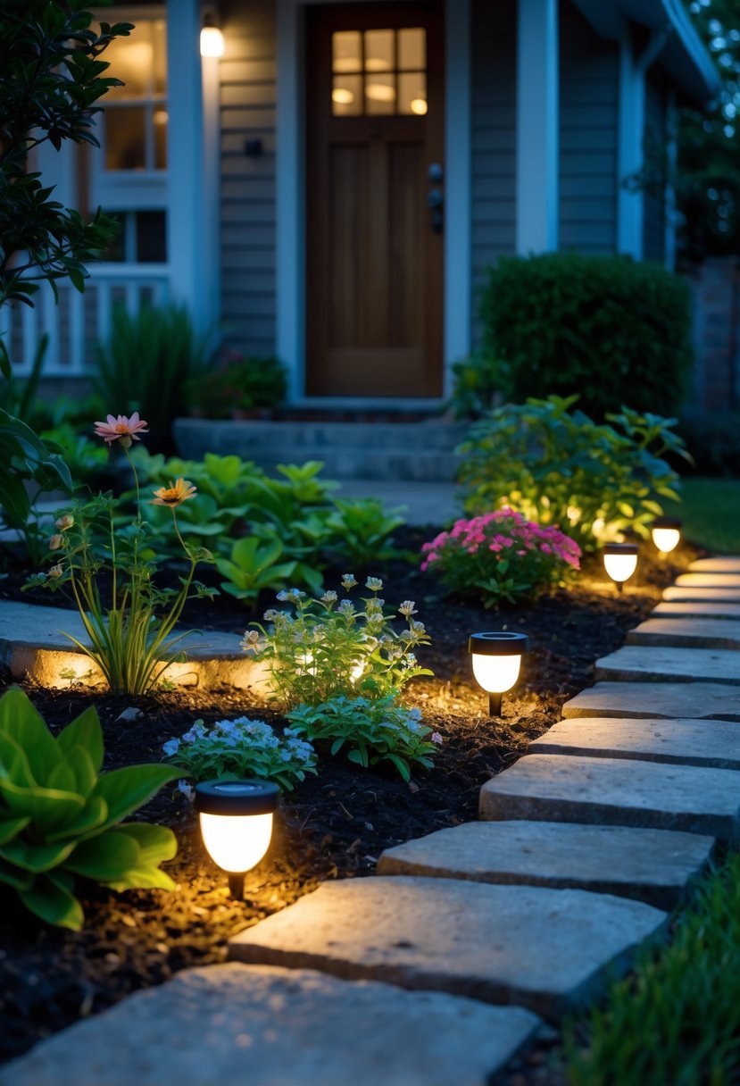 Small front garden at dusk with solar-powered lights softly illuminating plants and a stone pathway near a modest house entrance.
