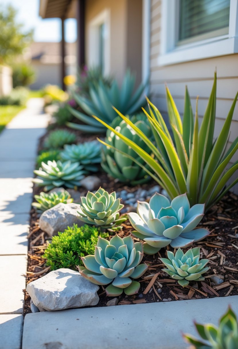 Small front garden with various drought-resistant succulents arranged with rocks and mulch near a house.