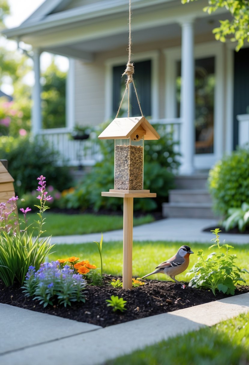 A small front garden with a simple bird feeder attracting small wild birds among colorful flowers and green plants near a house.
