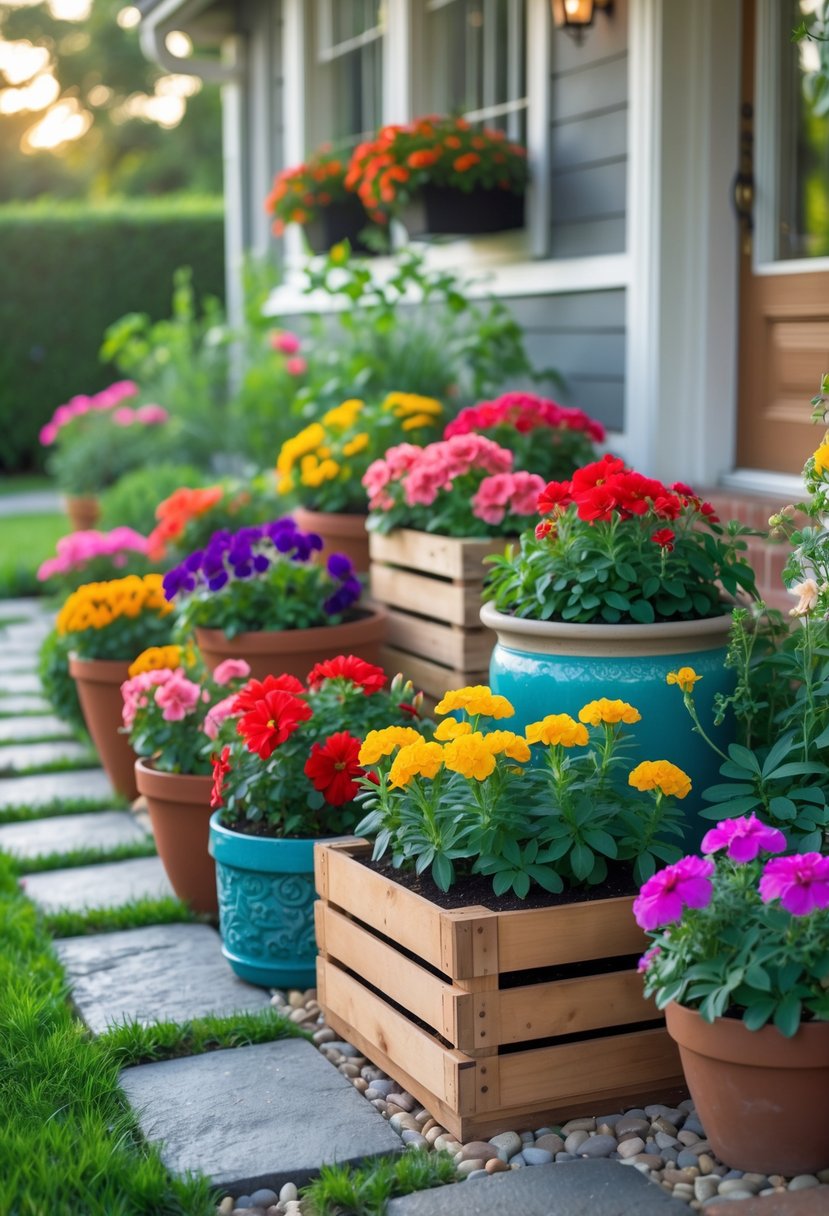 Small front garden with colorful flower pots arranged along a walkway in front of a house.