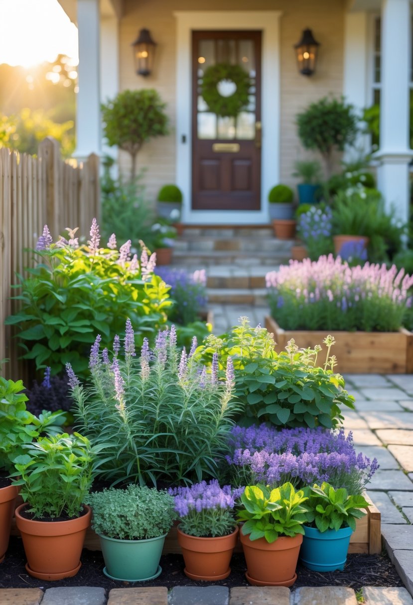 A small front garden with lavender and mint plants in pots and raised beds near a house entrance.